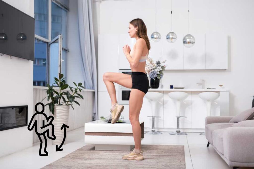 A woman doing high knees exercise at home